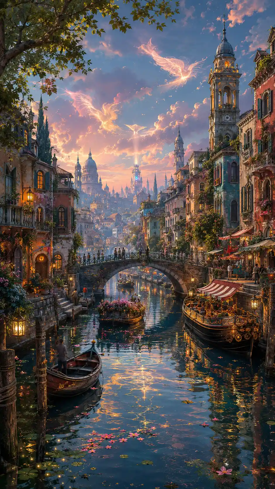 Serene fantasy canal winding through a historic evening city