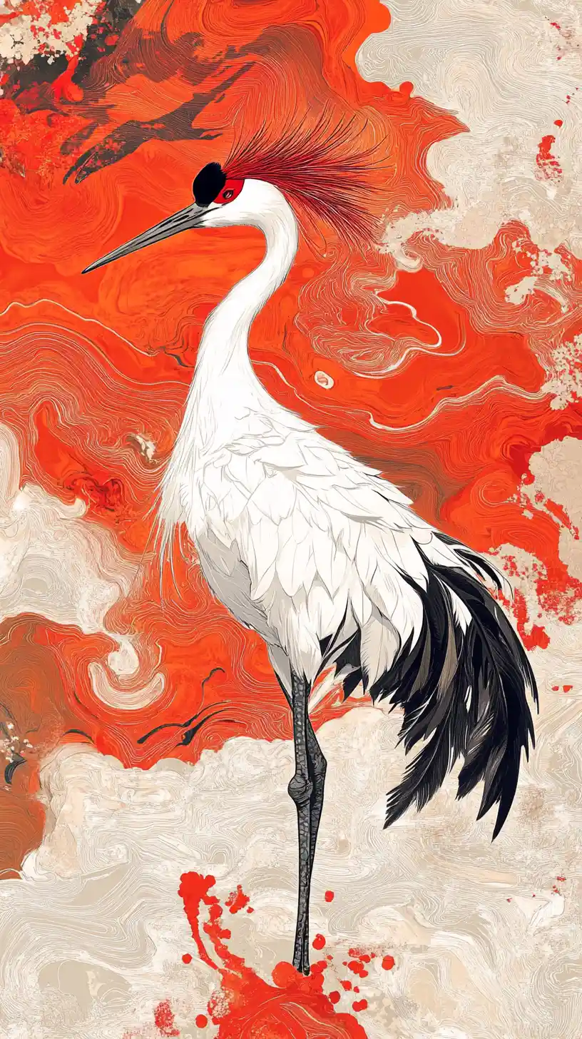 Red crowned crane in colorful suminagashi ink wetlands