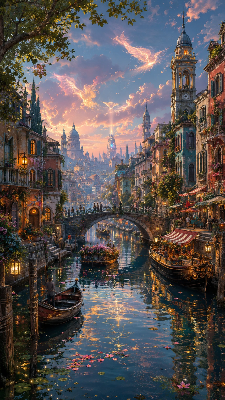 Serene fantasy canal winding through a historic evening city