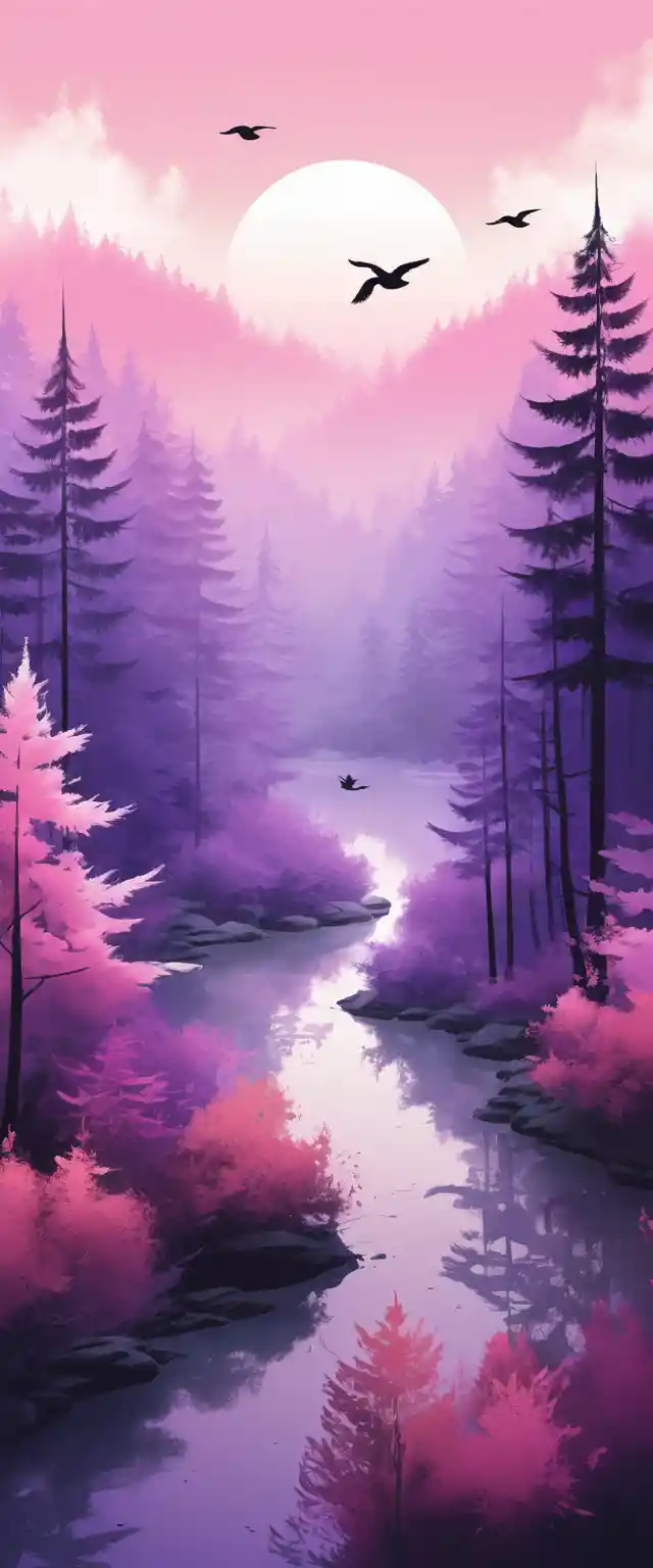 Aerial view of ducks flying above a colorful forest