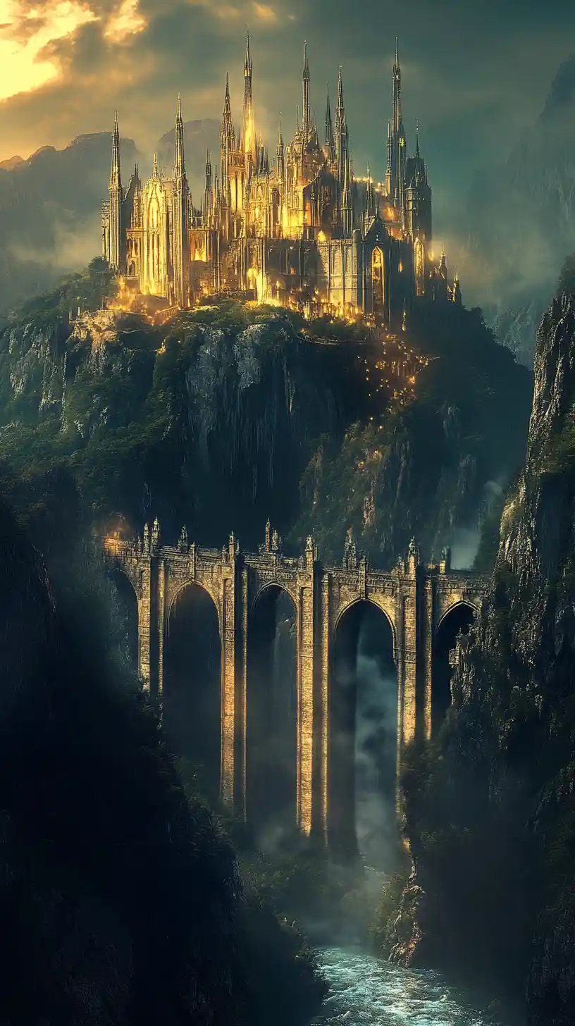 Gothic fantasy castle glowing on a rugged mountain peak