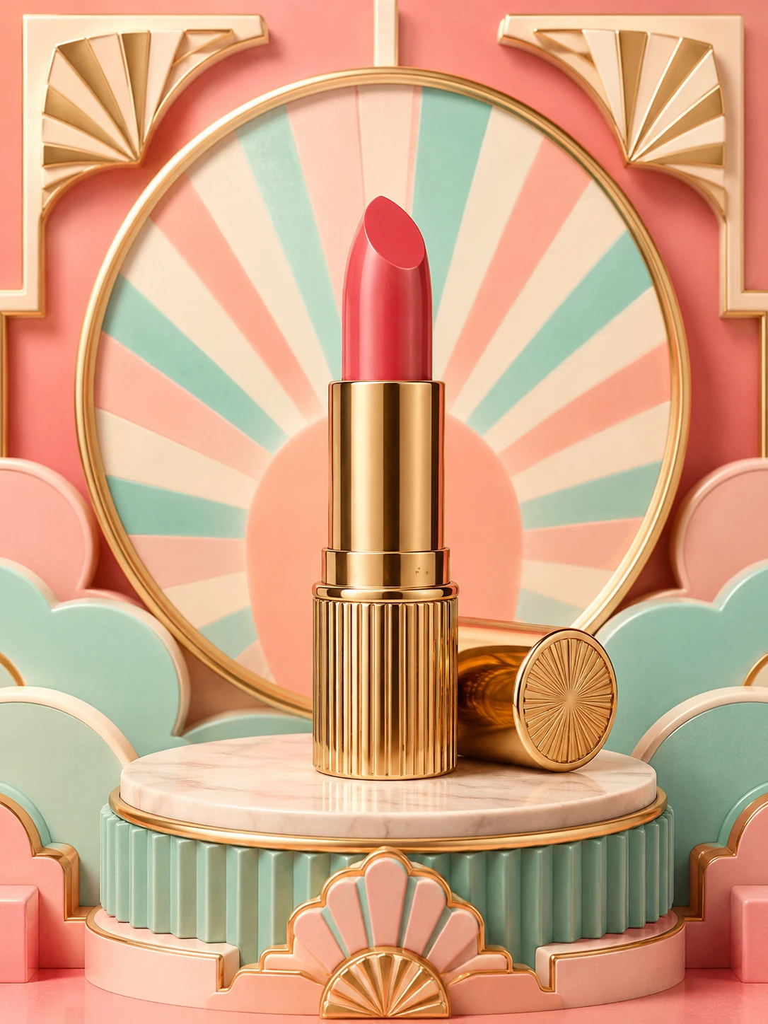 3D Art-Déco Pop-Art-Illustration eines pastellfarbenen Lippenstifts