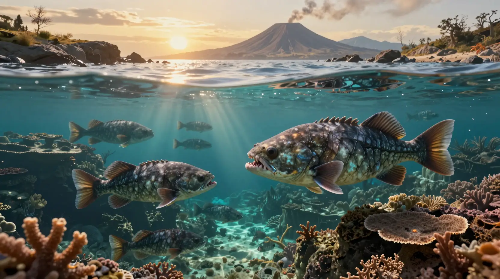 Devonian reef fish beneath a calm prehistoric shoreline