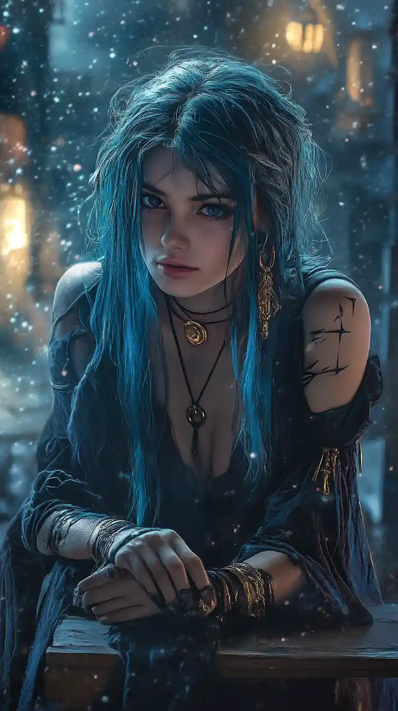Girl in icy palace raising cup toward rifle scope