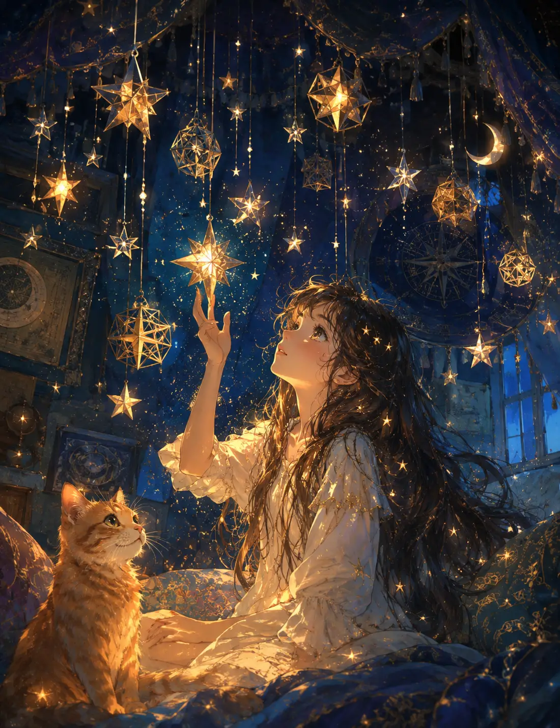 懸掛夜空星星下的少女與橘色貓咪