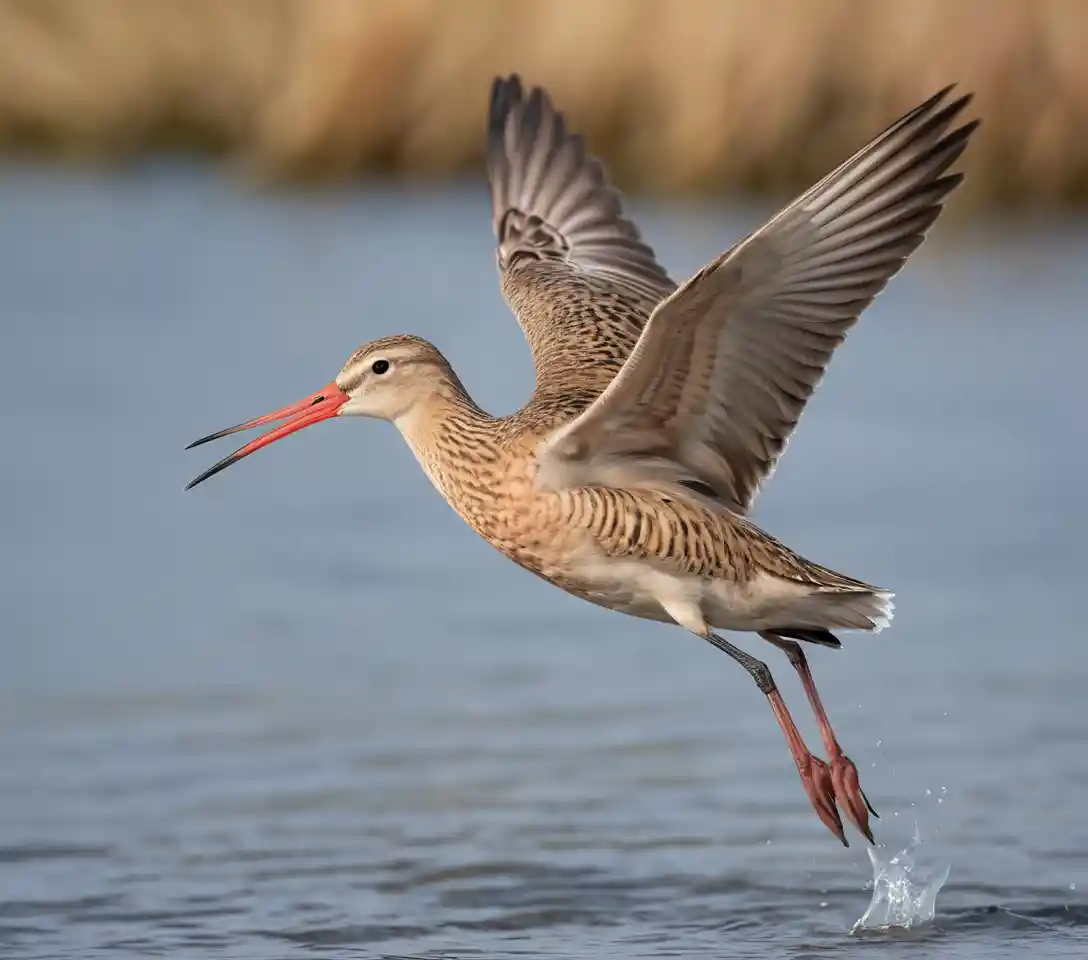 Bar tailed godwit in flight carrying a fish