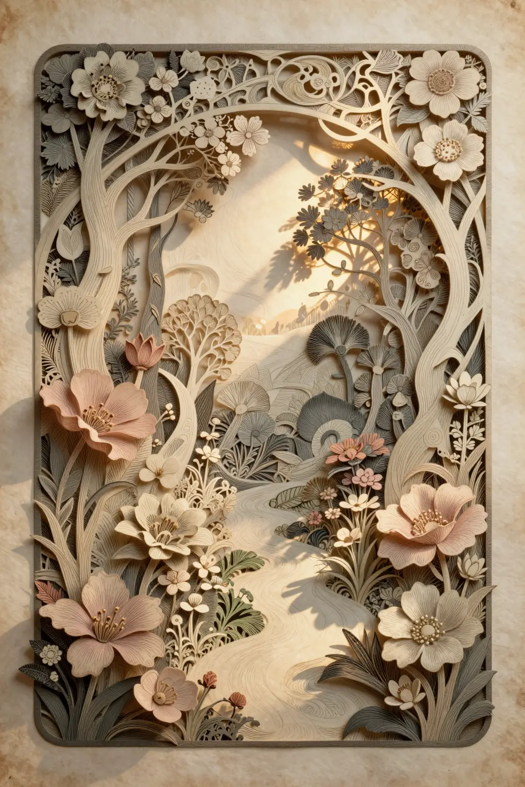Intricate paper cut secret garden in warm evening light