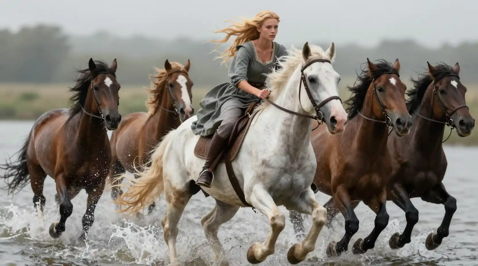 Blonde woman riding a piebald horse through water