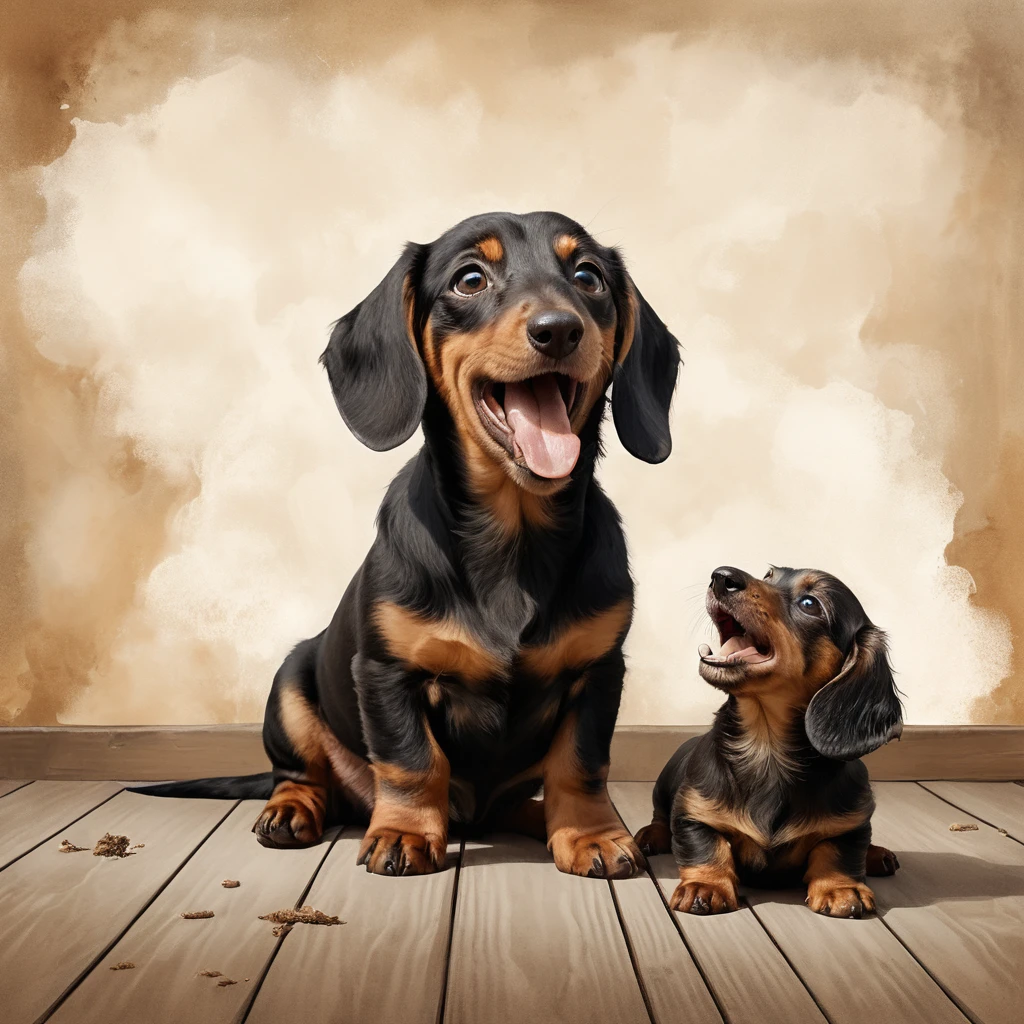 Filhote minúsculo de dachshund rugindo para uma cabeça de cachorro gigante