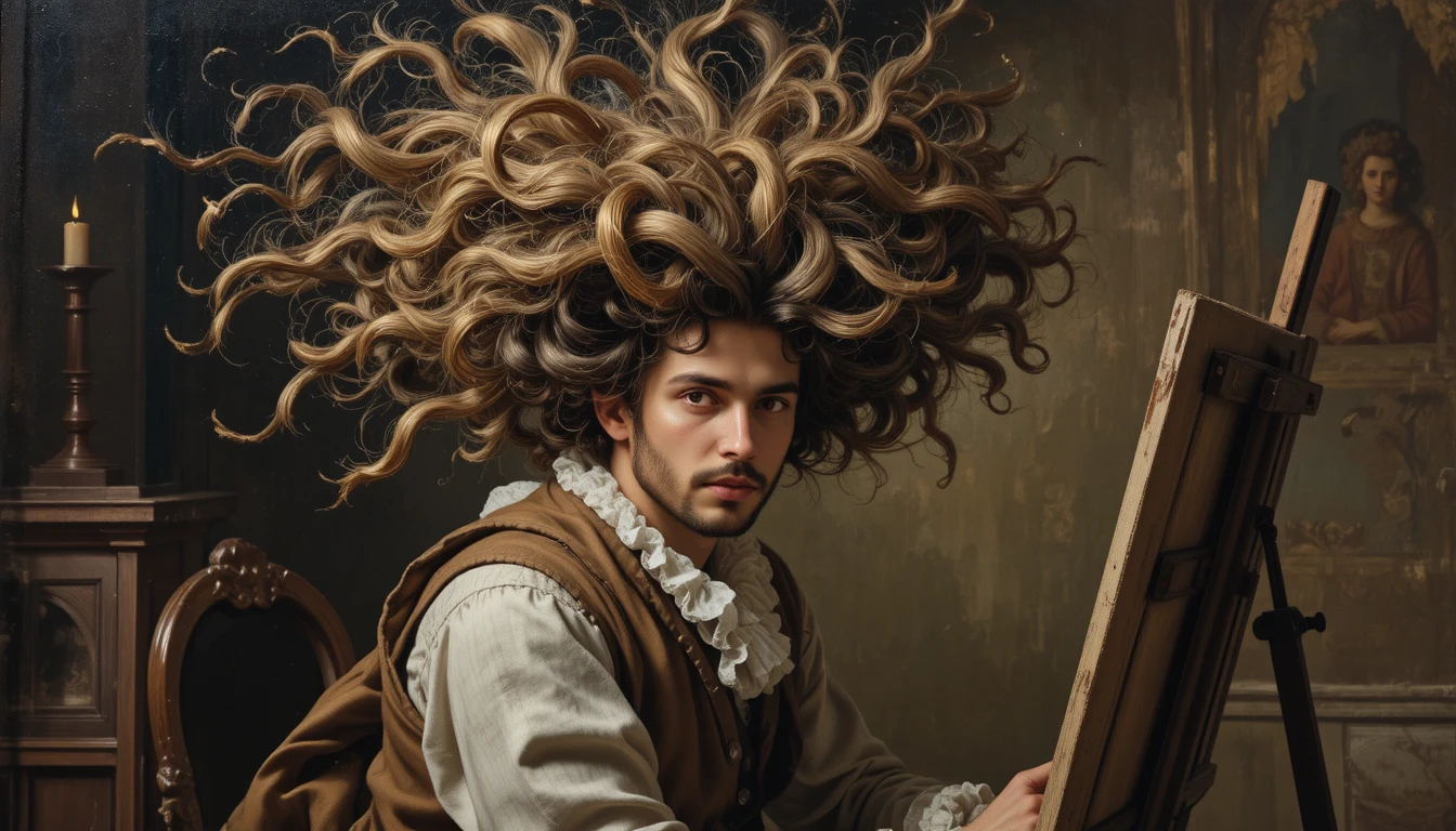 Pintor barroco com cabelo caótico de manhã em frente ao cavalete