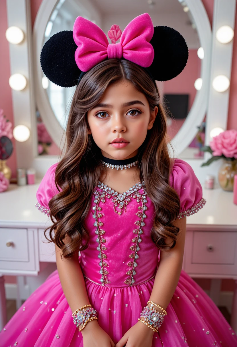 Menino pré-adolescente nervoso com fantasia de princesa Minnie na penteadeira
