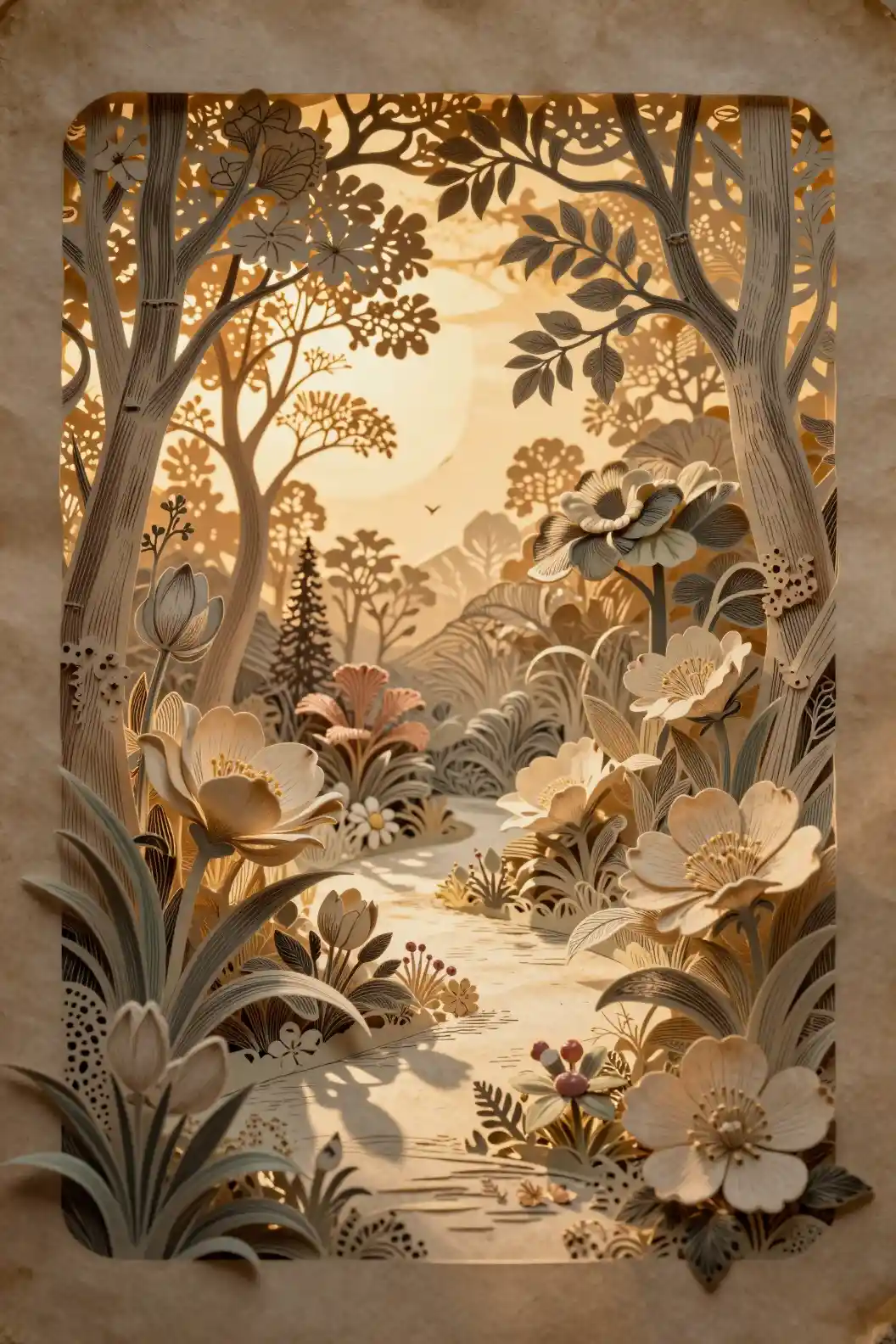 Intricate paper garden artwork in warm golden sunlight