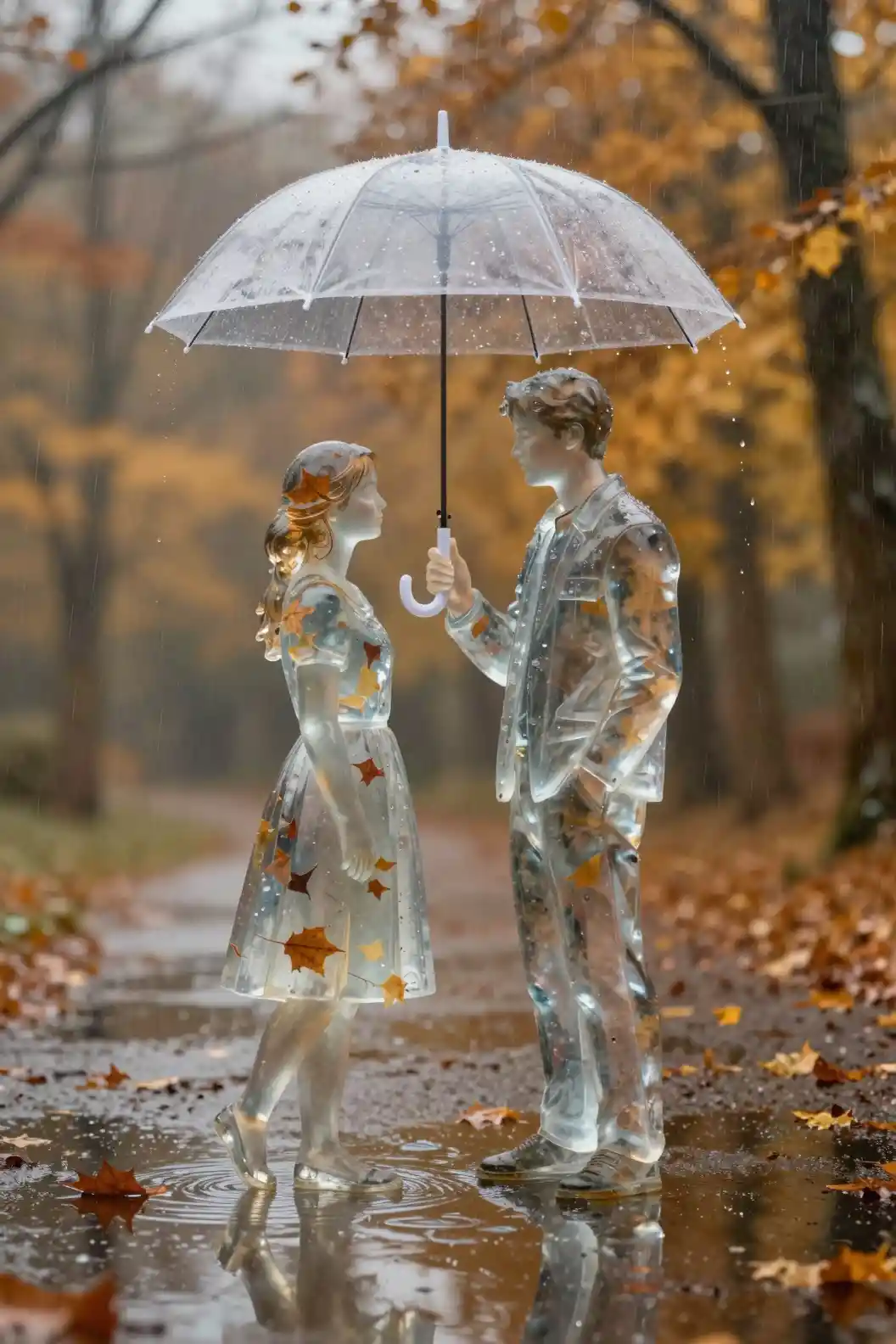 Crystal couple under a transparent umbrella in autumn rain