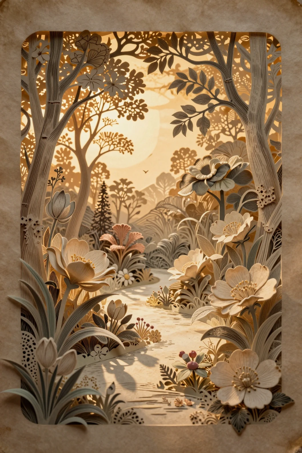 Detalhada arte de jardim em papel sob morno brilho de luz dourada