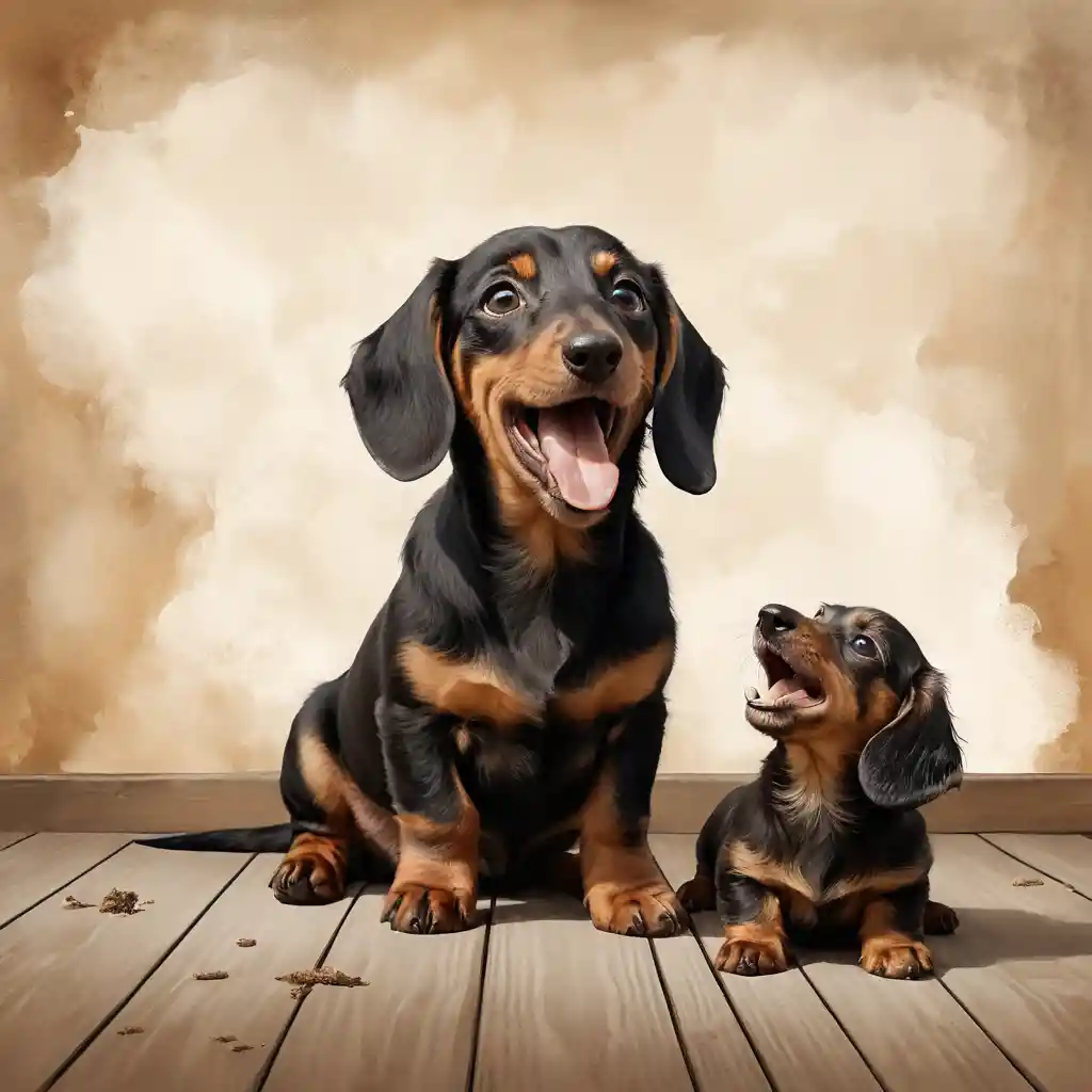 Tiny dachshund puppy roaring at a giant dog head