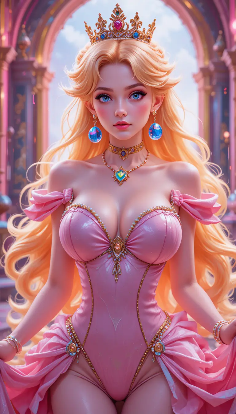 ピンクのロイヤルドレスでグリッチが走るセクシーなアニメ姫