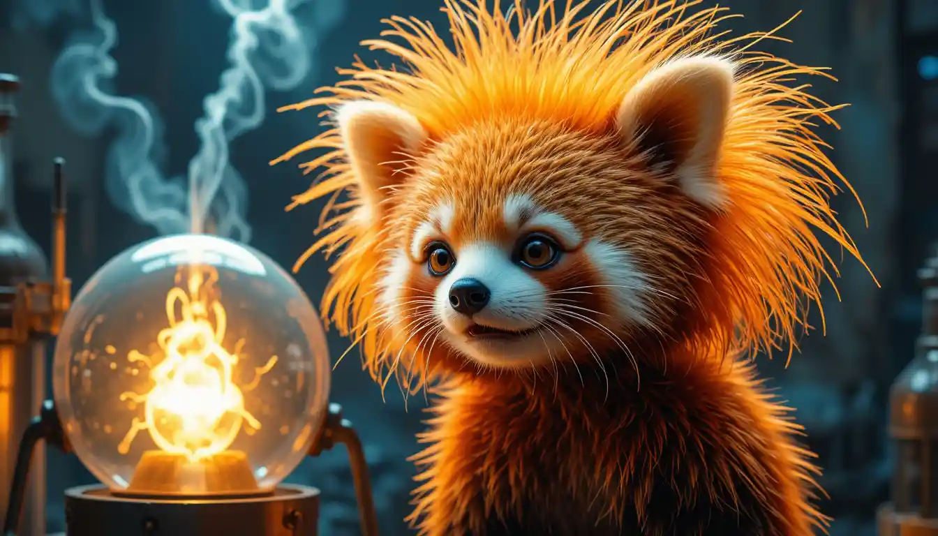 Red panda with frizzy static fur in a physics lab portrait