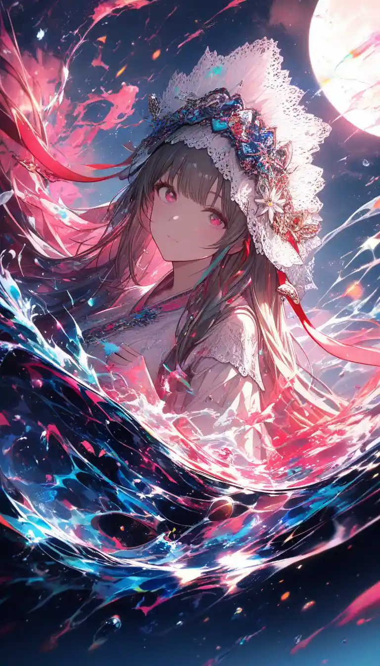 Colorful ink splash girl by an ancient palace at night
