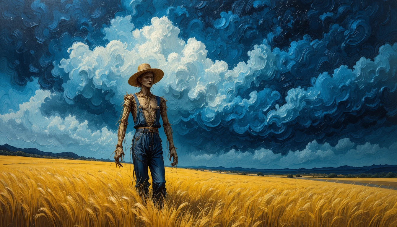 Espantalho solitário em tempestade sobre campo de trigo dourado