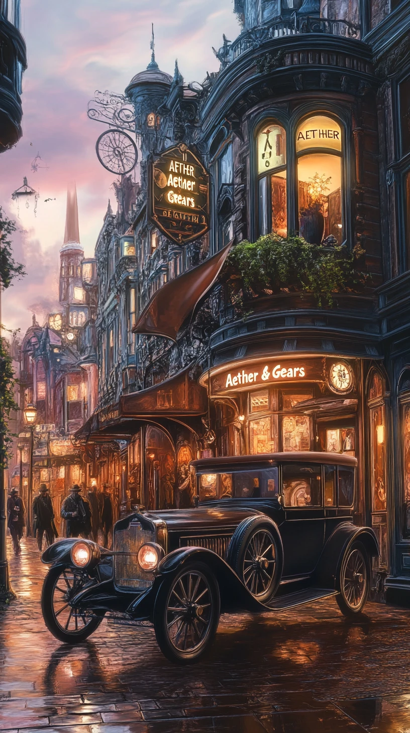 Carro steampunk em rua de cidade chuvosa ao anoitecer