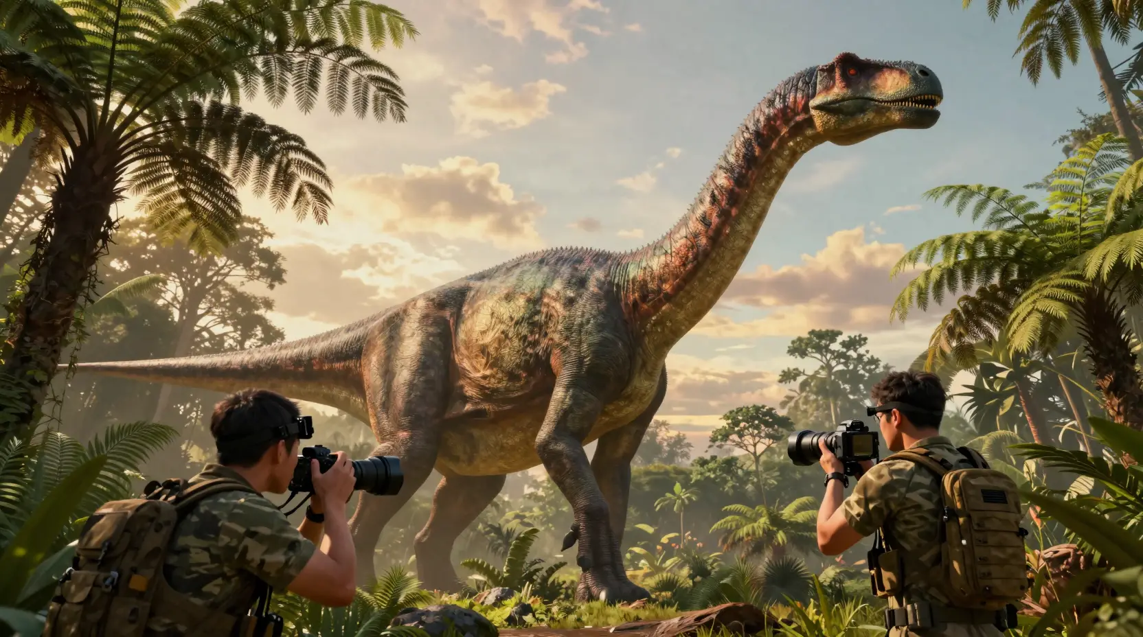 Cineastischer Sauropode ragt bei Sonnenuntergang in einem Jura-Wald empor