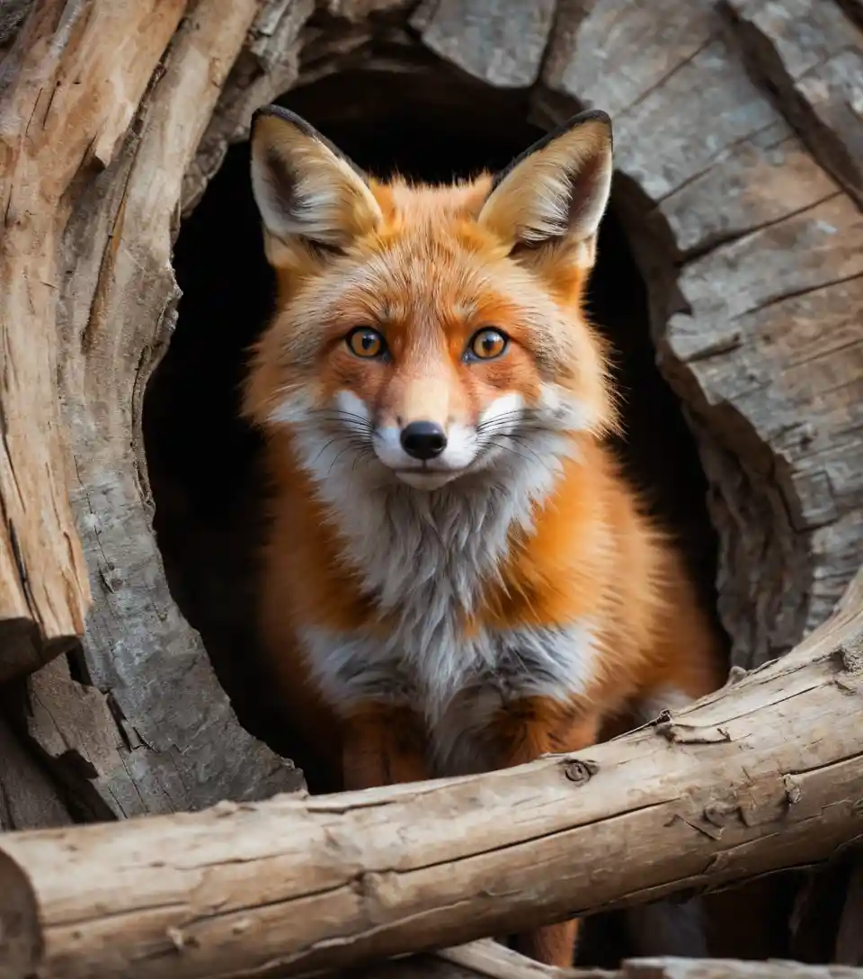Contemplative fox peeking from a small forest cave