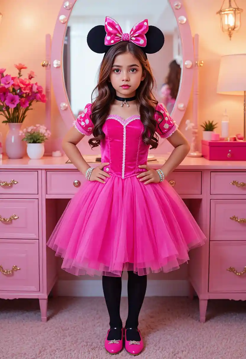 Tween boy in princess costume posing by vanity mirror