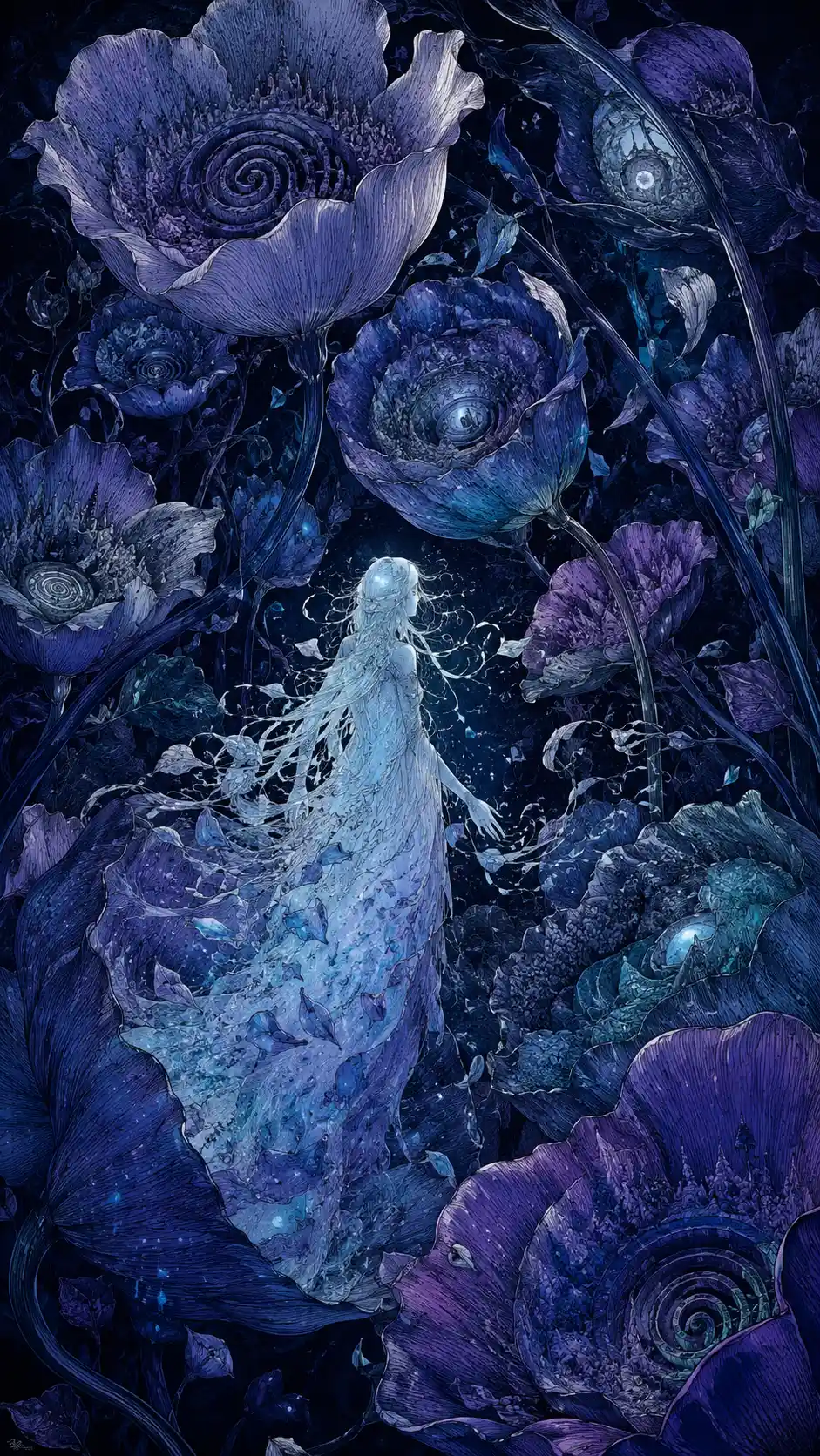 Spectral figure among towering surreal nocturnal flowers