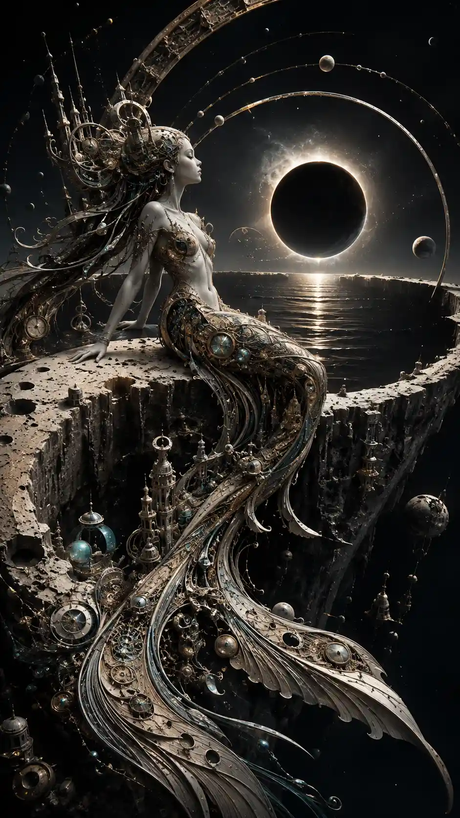 Mechanical mermaid on the edge of a vast lunar crater