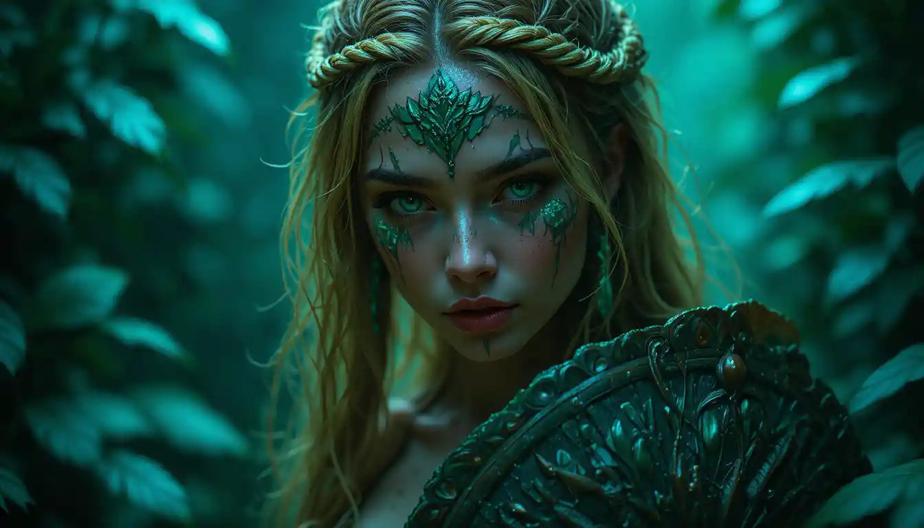 Jungle huntress with glowing tattoos in shadowy foliage