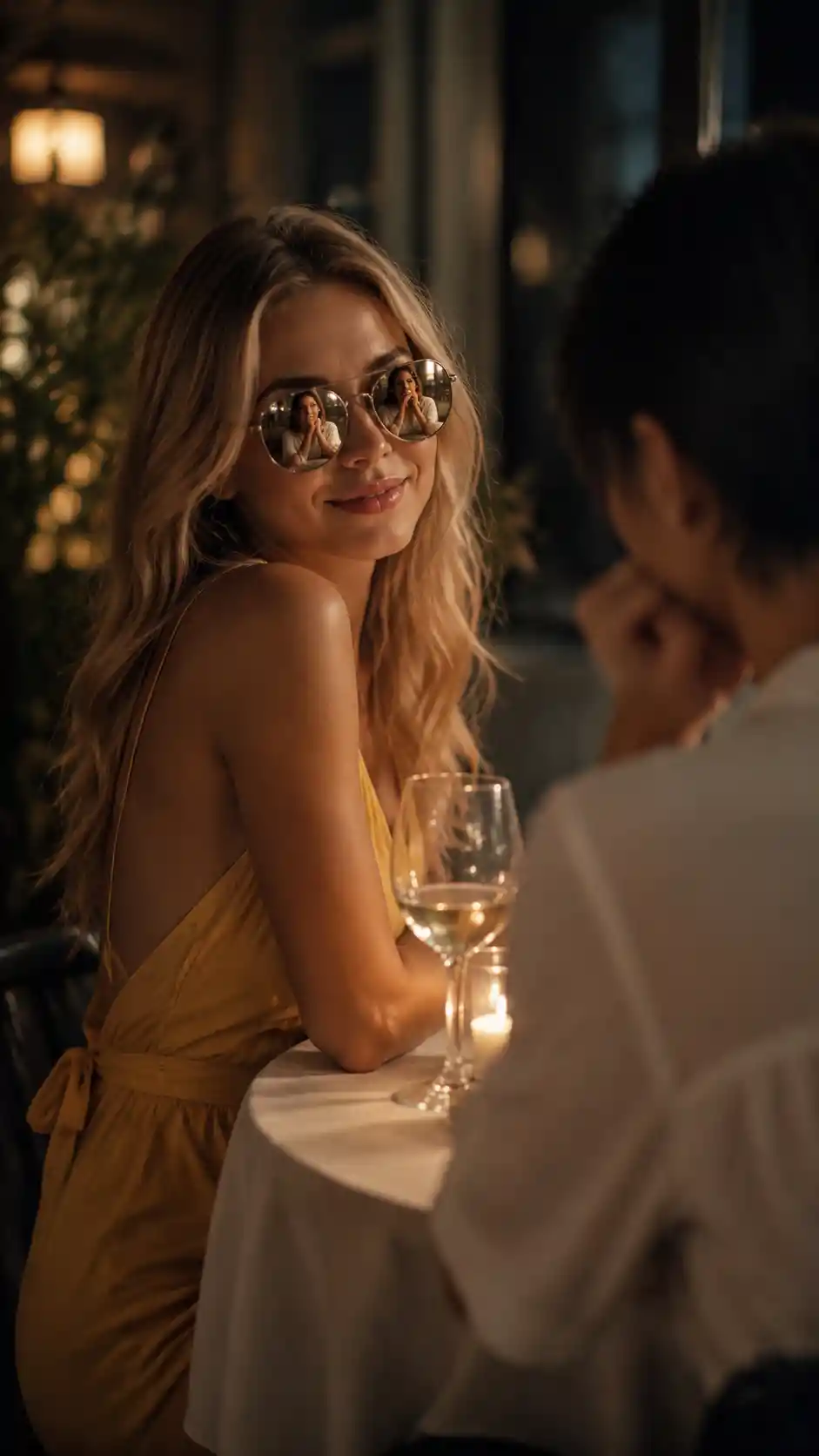 Donna bionda con occhiali da sole a un appuntamento romantico al ristorante