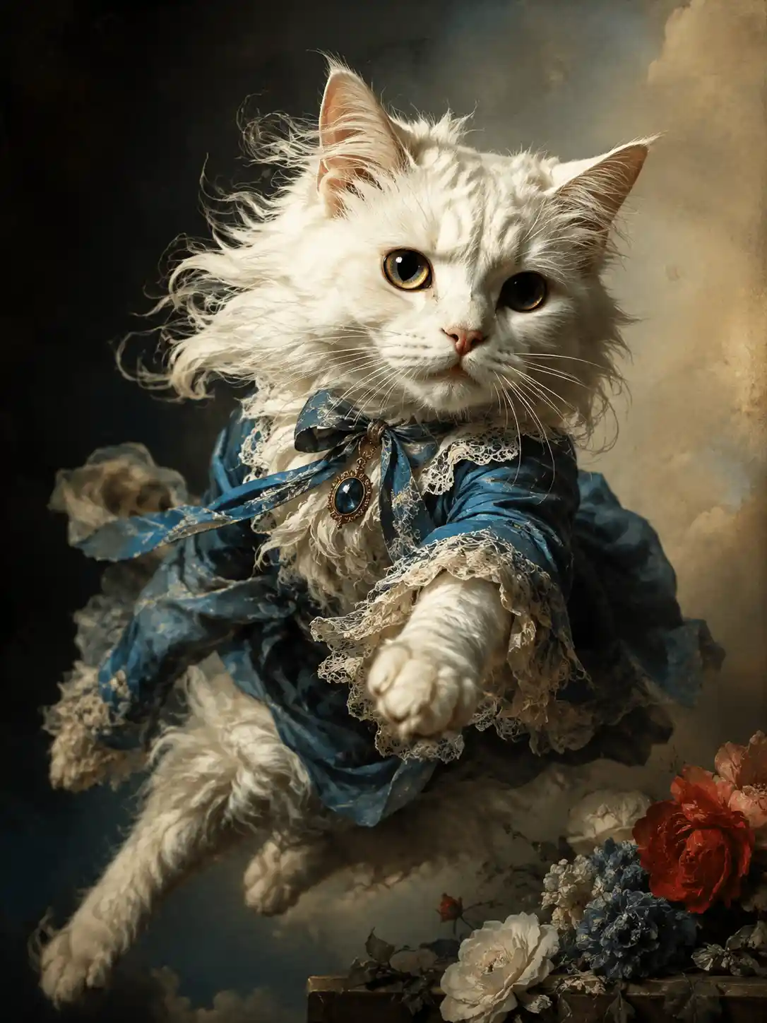 Regal baroque white cat in dynamic watercolor portrait