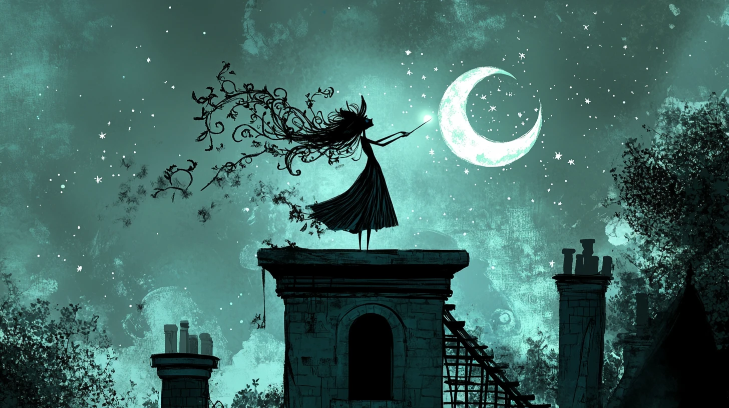 Tall witch bending the crescent moon above a crooked observatory