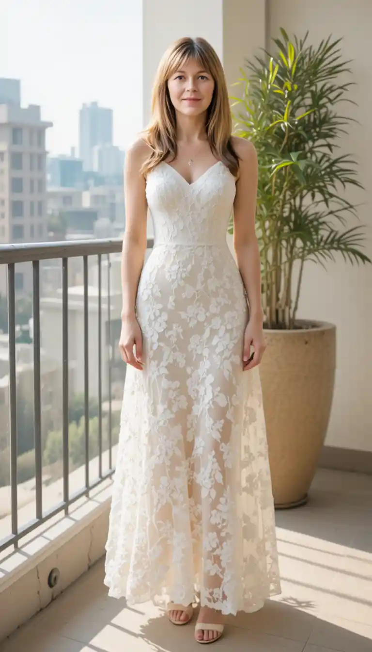 Woman in white lace dress on sunlit city balcony