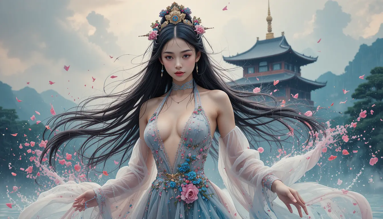 Colorful ink illustration of a hanfu girl by a palace