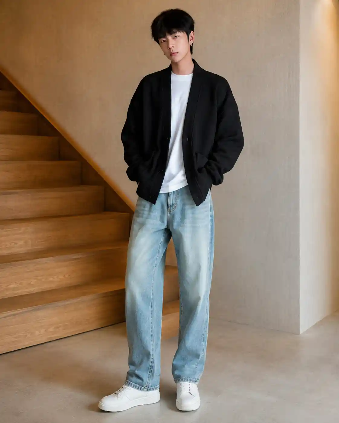 Young male model in black jacket and jeans posing indoors