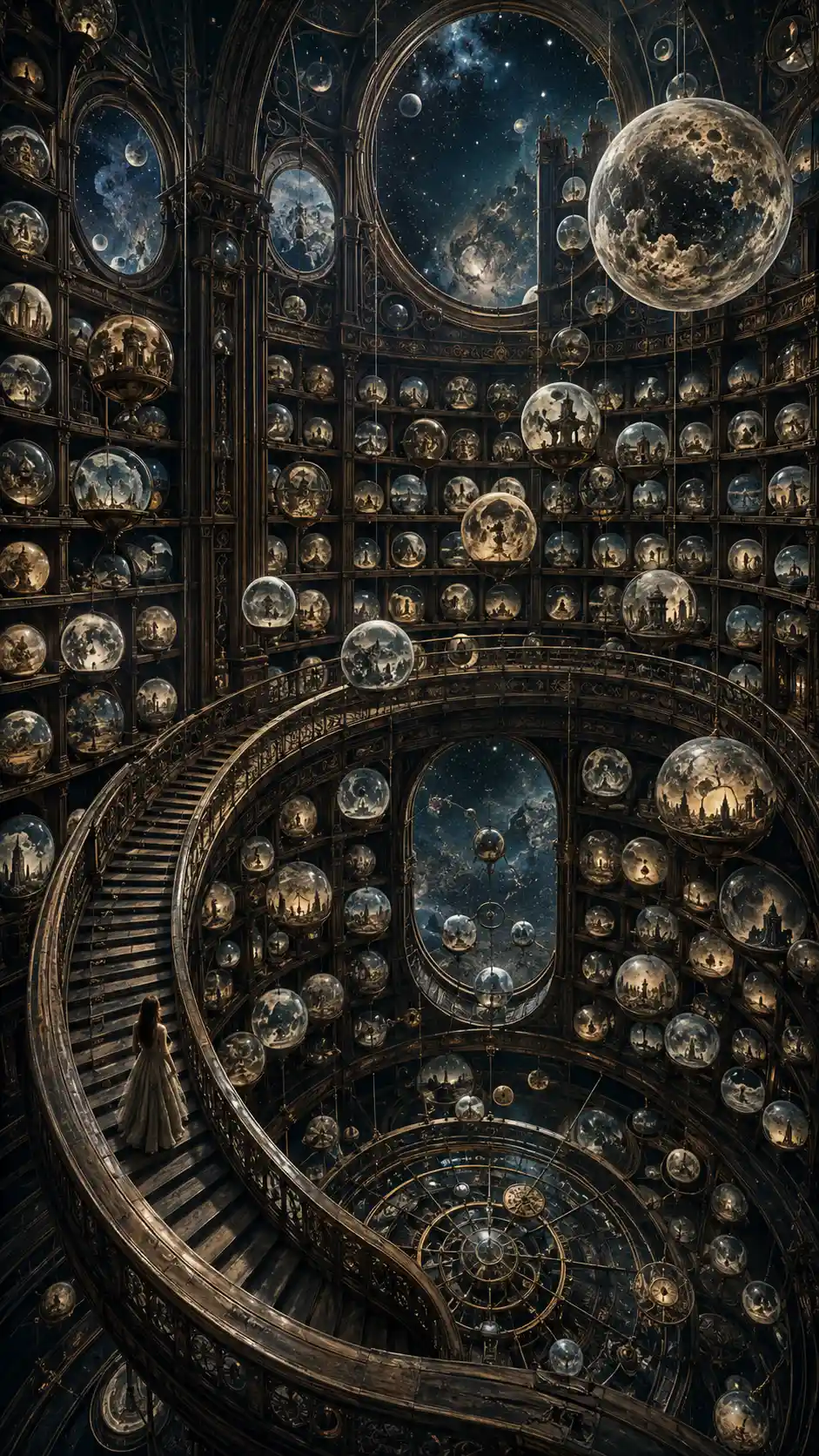 Vast circular library of floating miniature moons and stairway