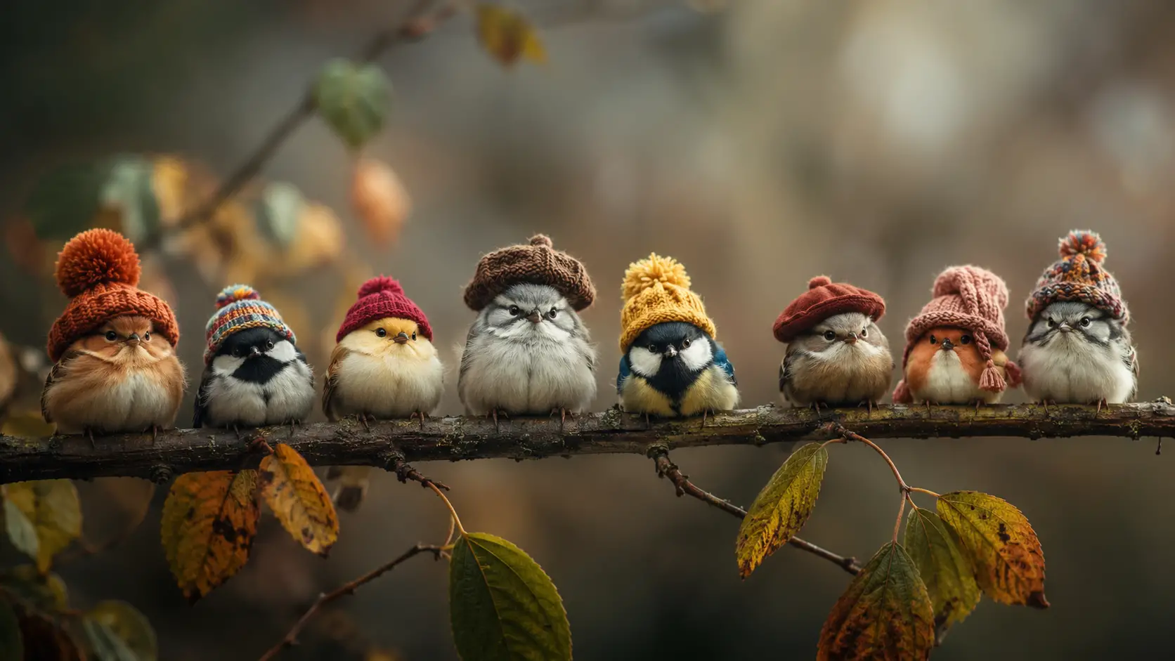 Whimsical birds in cozy autumn hats on a branch