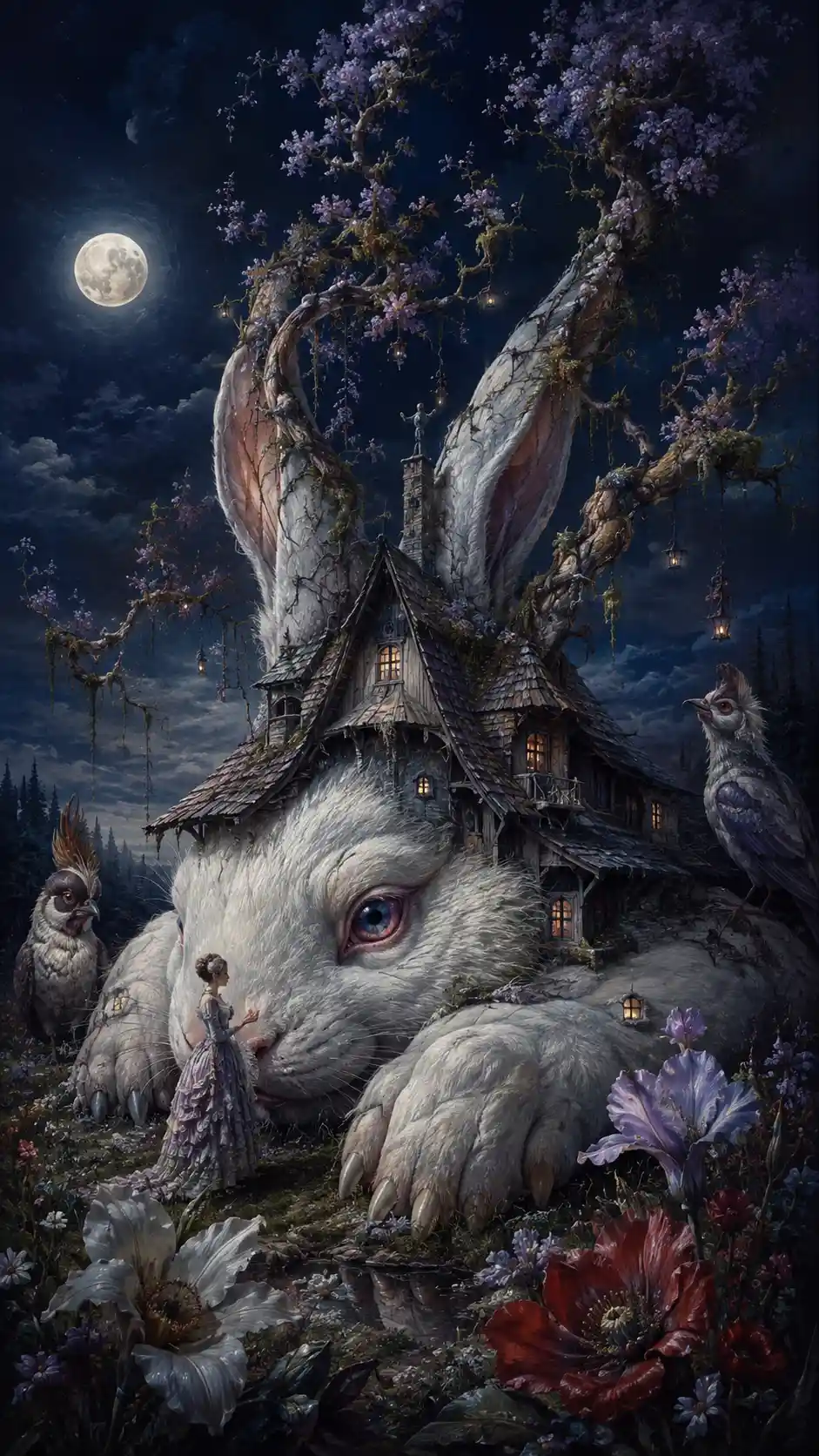 Giant moonlit rabbit entwined with a crooked countryside house