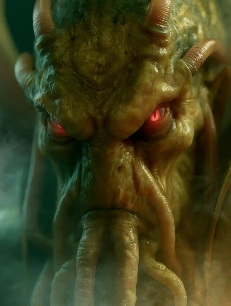 Grotesque 3D Lovecraftian face with glowing red eyes