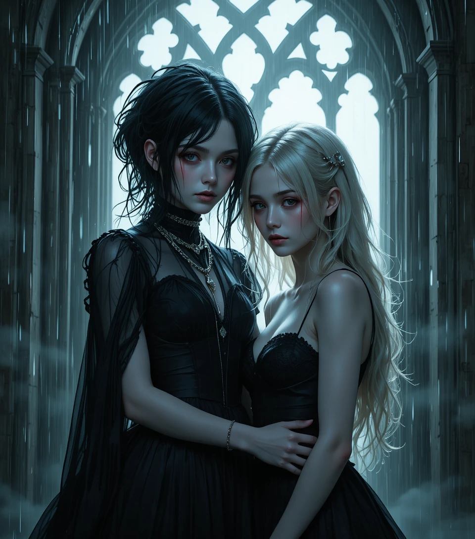 Gothic girls standing in rainlit window glow