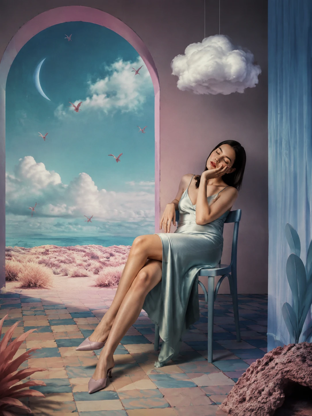 Retrato surreal de uma bela garota em um mundo onírico virtual