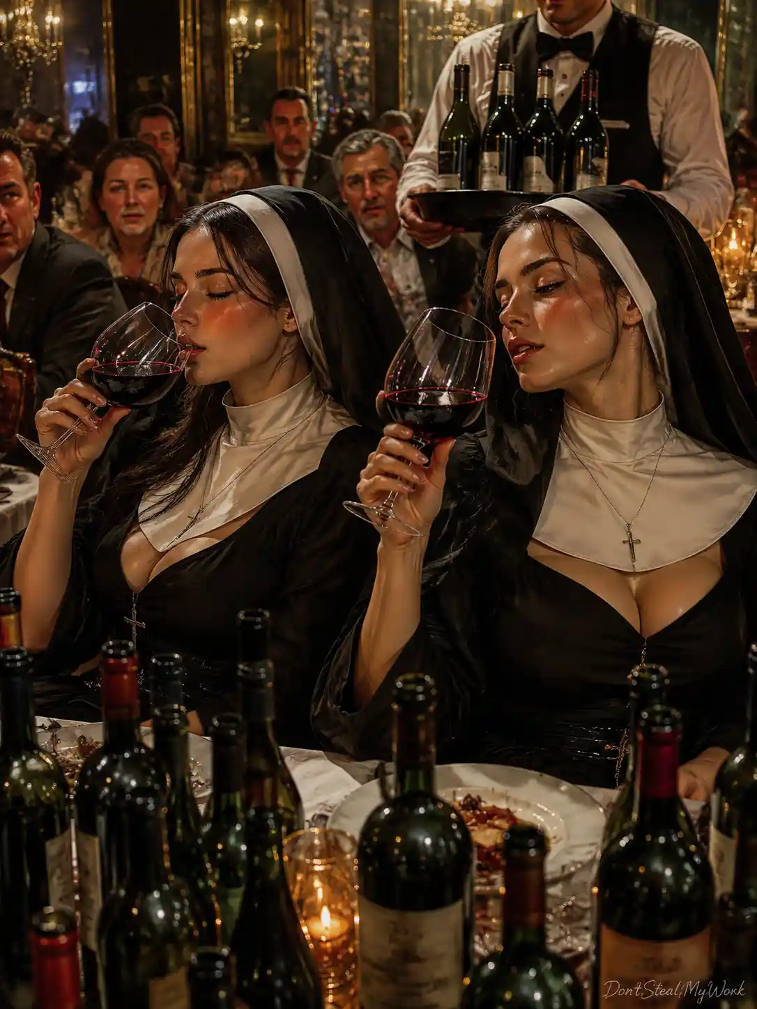 Two young nuns drinking red wine in a restaurant