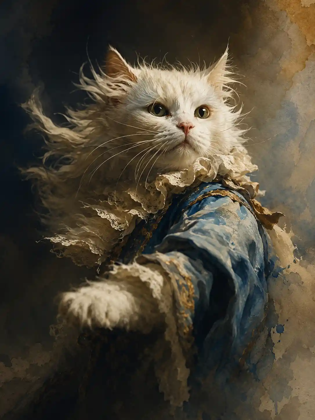 Regal baroque cat portrait in soft dreamlike light