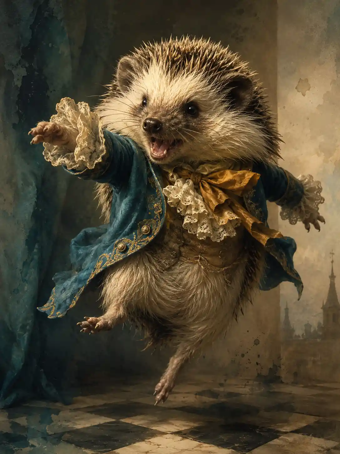 Baroque hedgehog portrait with dynamic expression and soft light