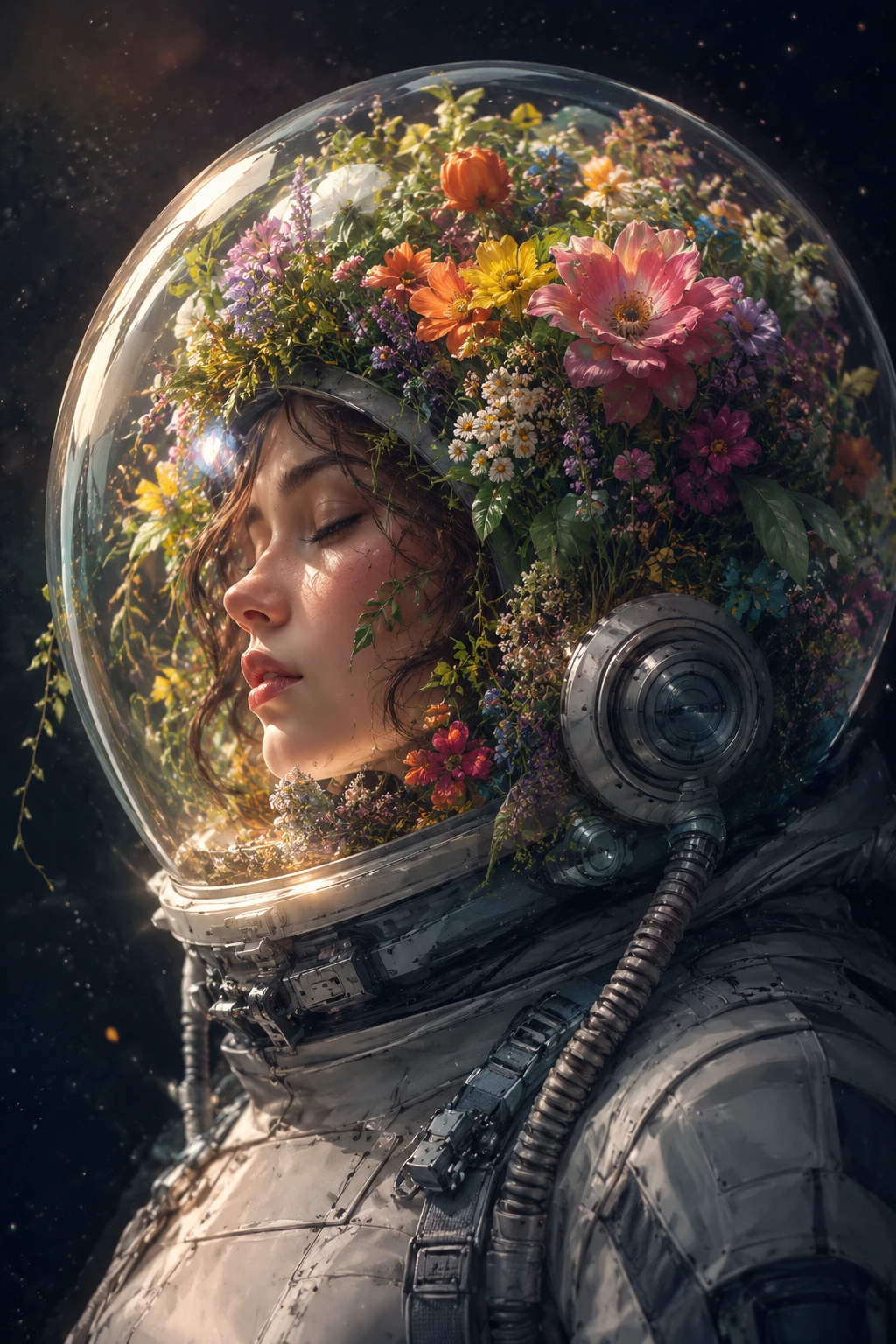 Mulher com capacete futurista floral sob cúpula transparente
