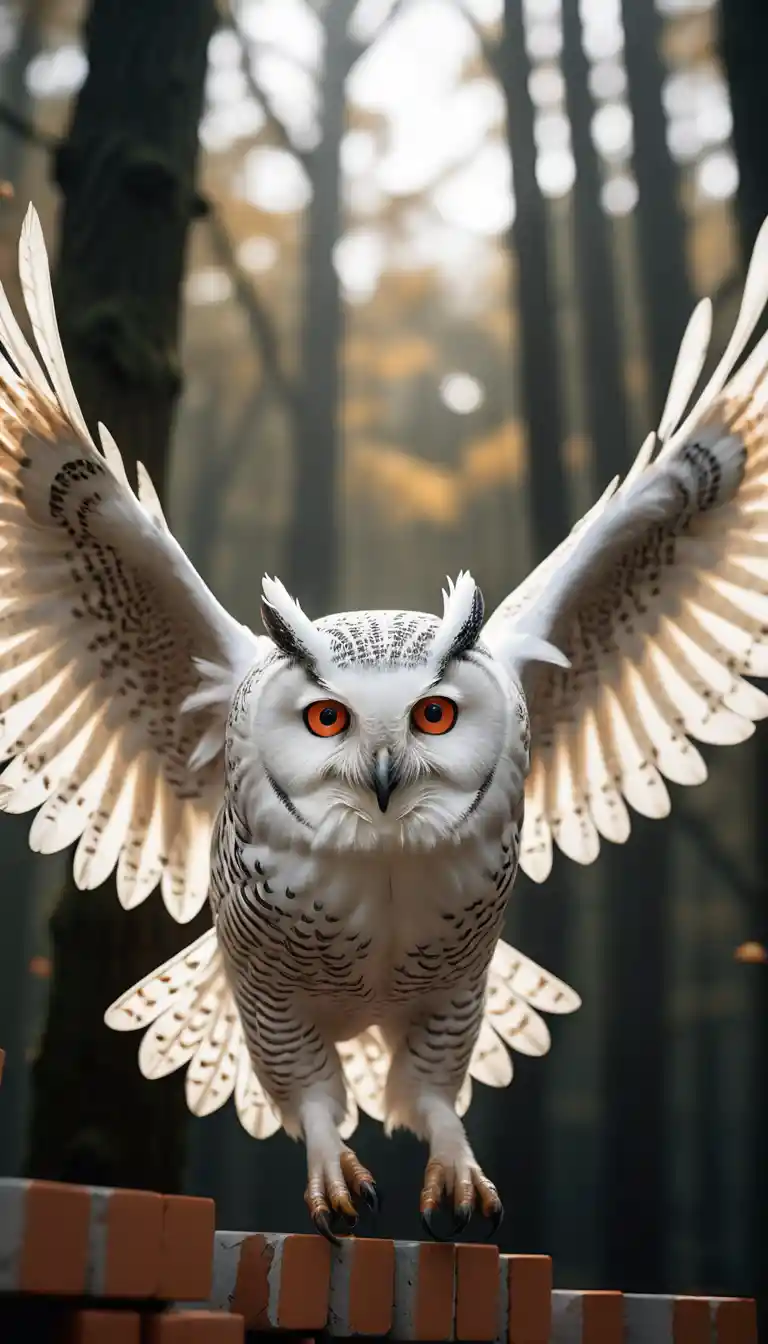 White owl in flight dissolving into floating ceramic bricks