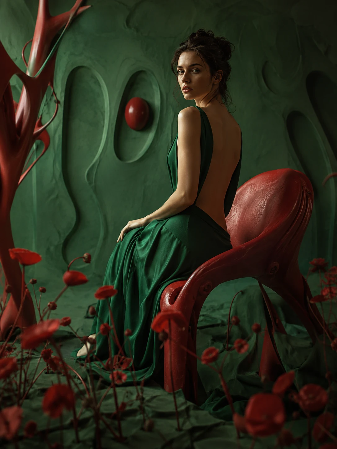 Retrato surreal de uma bela mulher em um mundo teatral