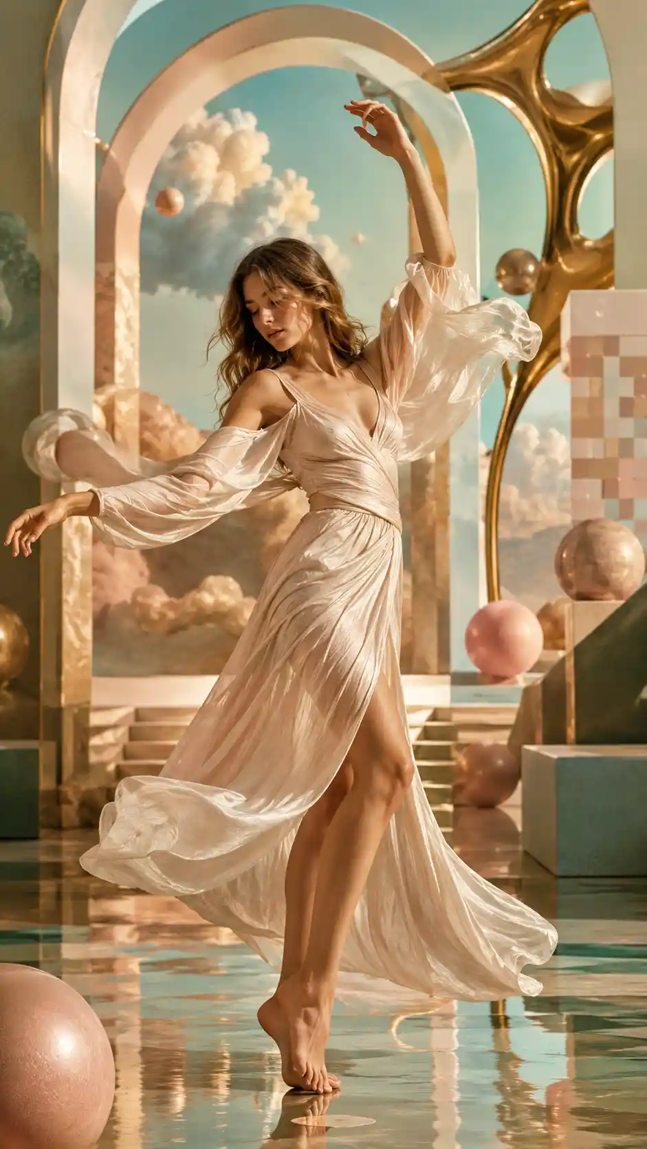 Surreal dancing woman in a pastel metallic dreamscape