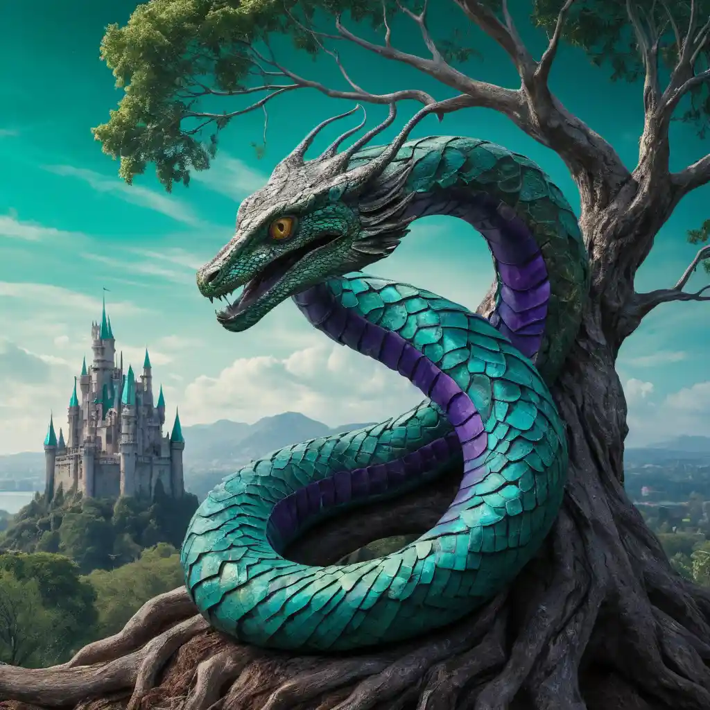 Majestic serpent coiled around an ancient mystical tree